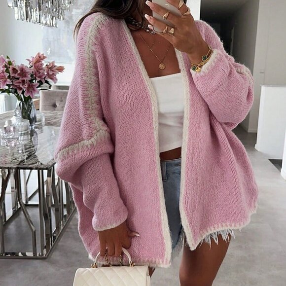 Sweaters - Statement Stylish oversized Knit Sweater Cardigan Pink
